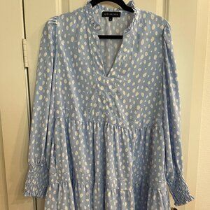 Gibson Look Long Sleeve Sky Blue Abstract Cheetah Print Dress